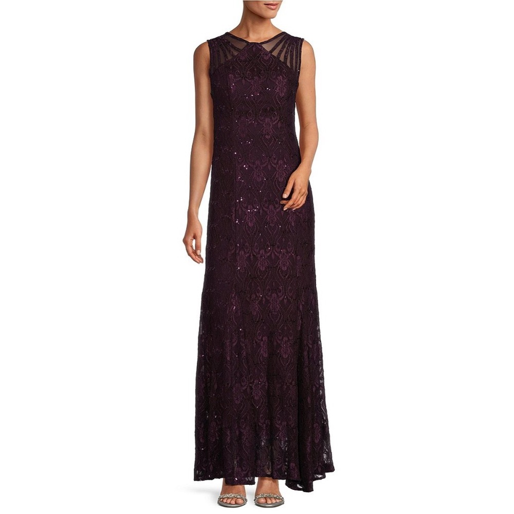 R&M Richards Illusion Shoulder High V-Neck Sleeveless Lace Sheath Gown